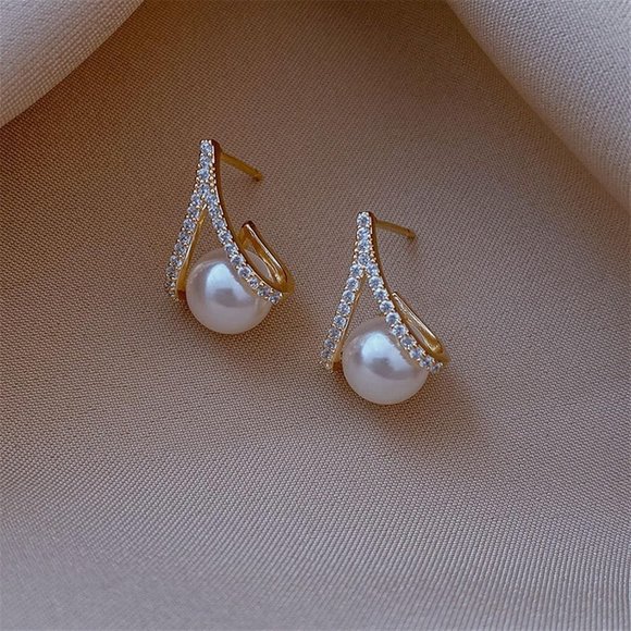 Elegant Rhinestone Teardrop Pearl Earrings - Picture 9 of 11